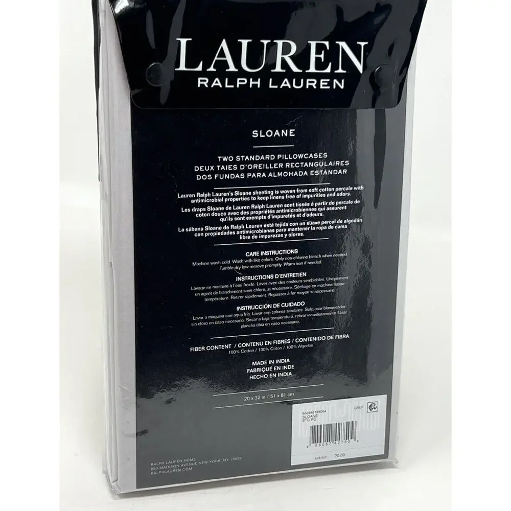 Ralph Lauren SLOANE Grey Gray Standard Pillowcases Antimicrobial Cotton Percale